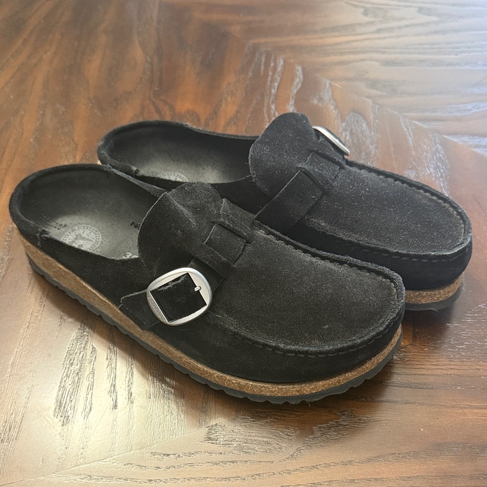 Black Buckley Birkenstock Suede Slip-On Loafers with Buckle